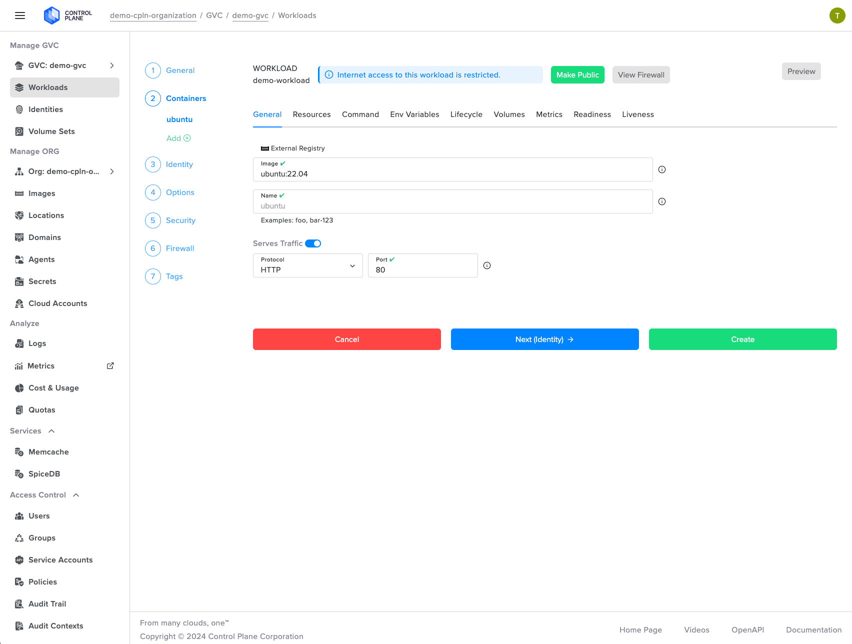 Screenshot of configuring a workload with a container image.