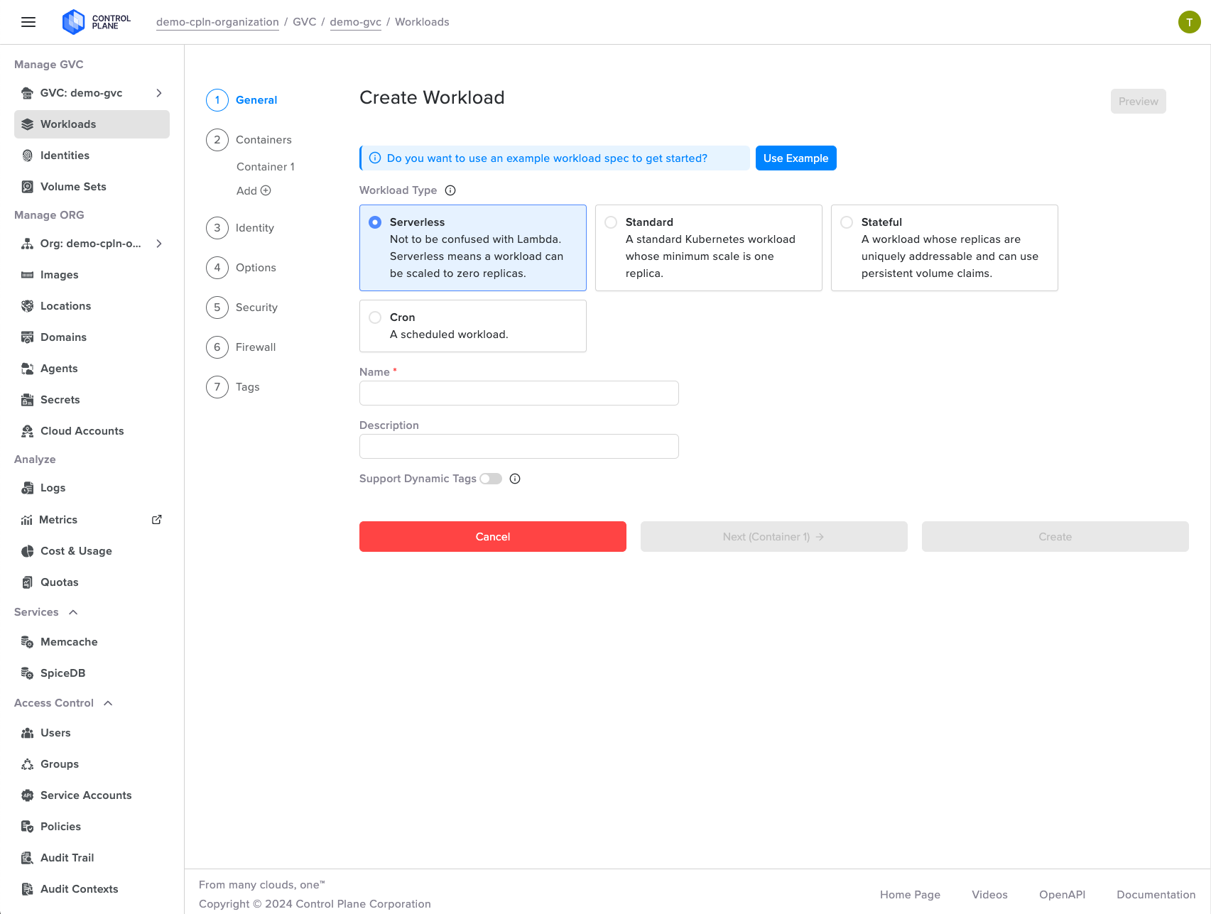 Screenshot of different workload types available on the Control Plane platform