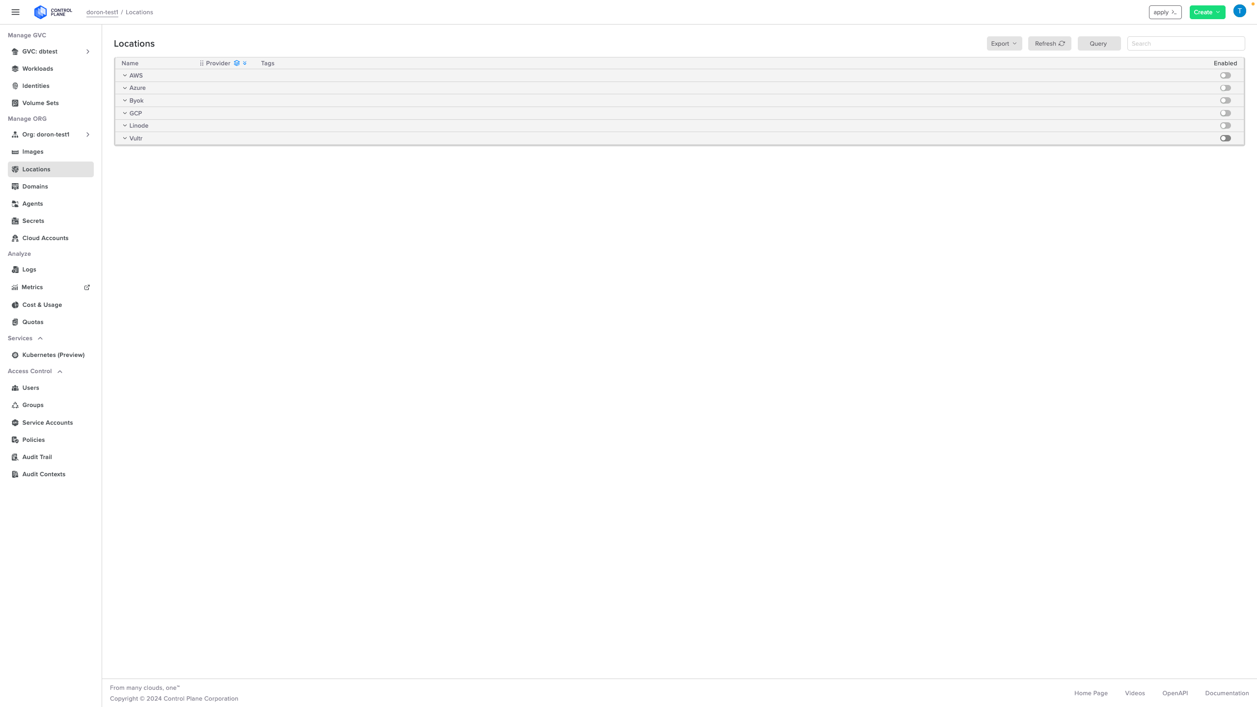 Screenshot shows an expandable dropdown menu of cloud providers and a toggle to enable each one: AWS, Azure, Byok, GCP, Linode, Vultr.