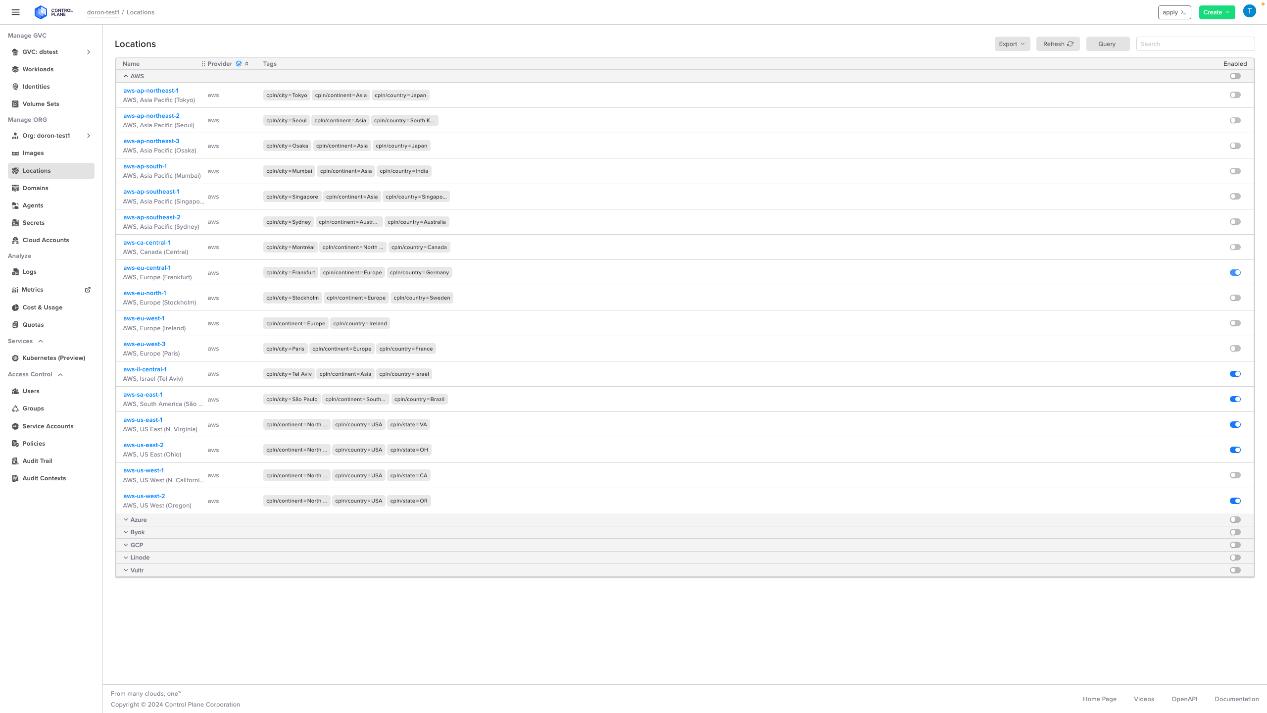 Screenshot shows list of 15+ AWS locations enabled for the organization: Asia Pacific, Canada, Europe, South America, US and more.